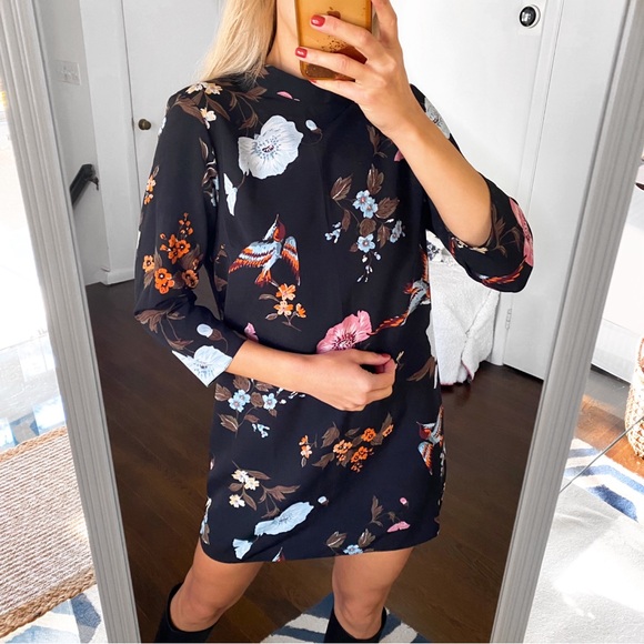 🖤 PRIMARK BOHO BLACK MULTI FLORAL BIRD CAPRI SLEEVE MOCK NECK MINI DRESS! - Picture 5 of 12